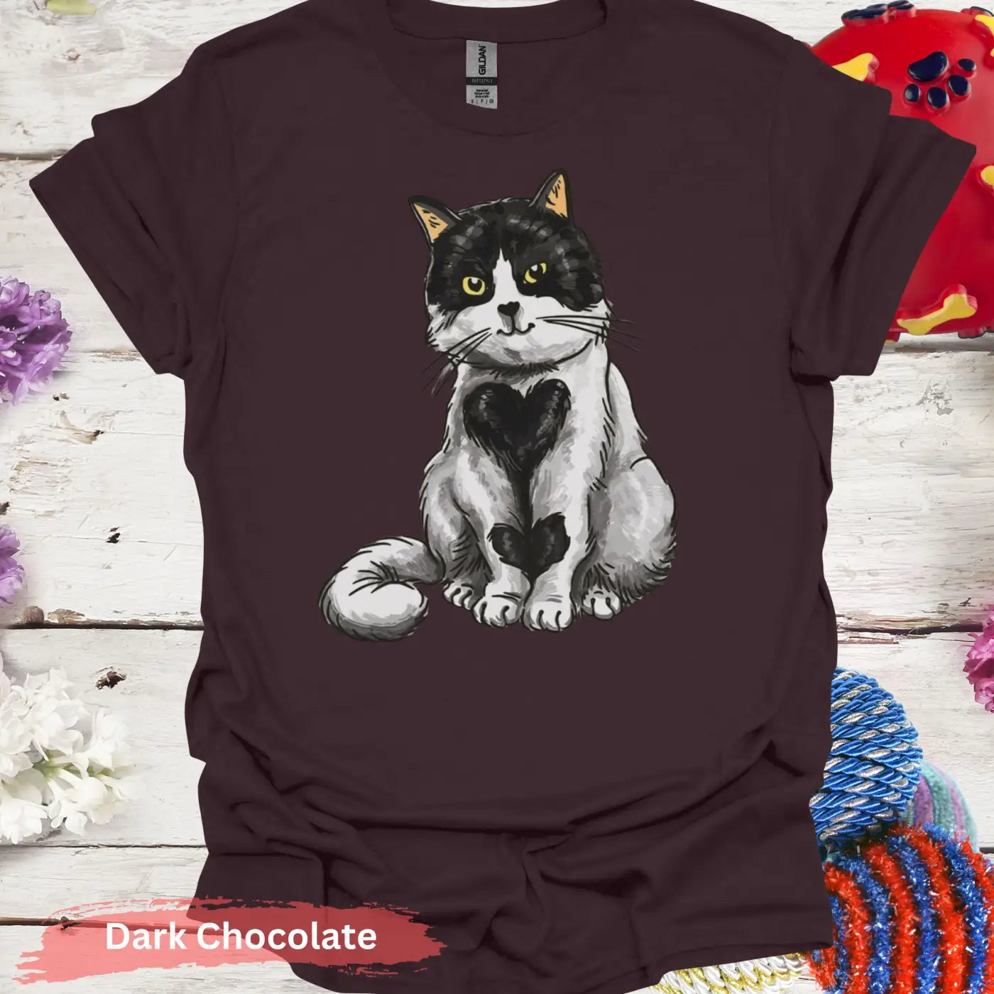 Adorable Black and White Cat Heart T-Shirt - S / Dark Chocolate - Physical Item