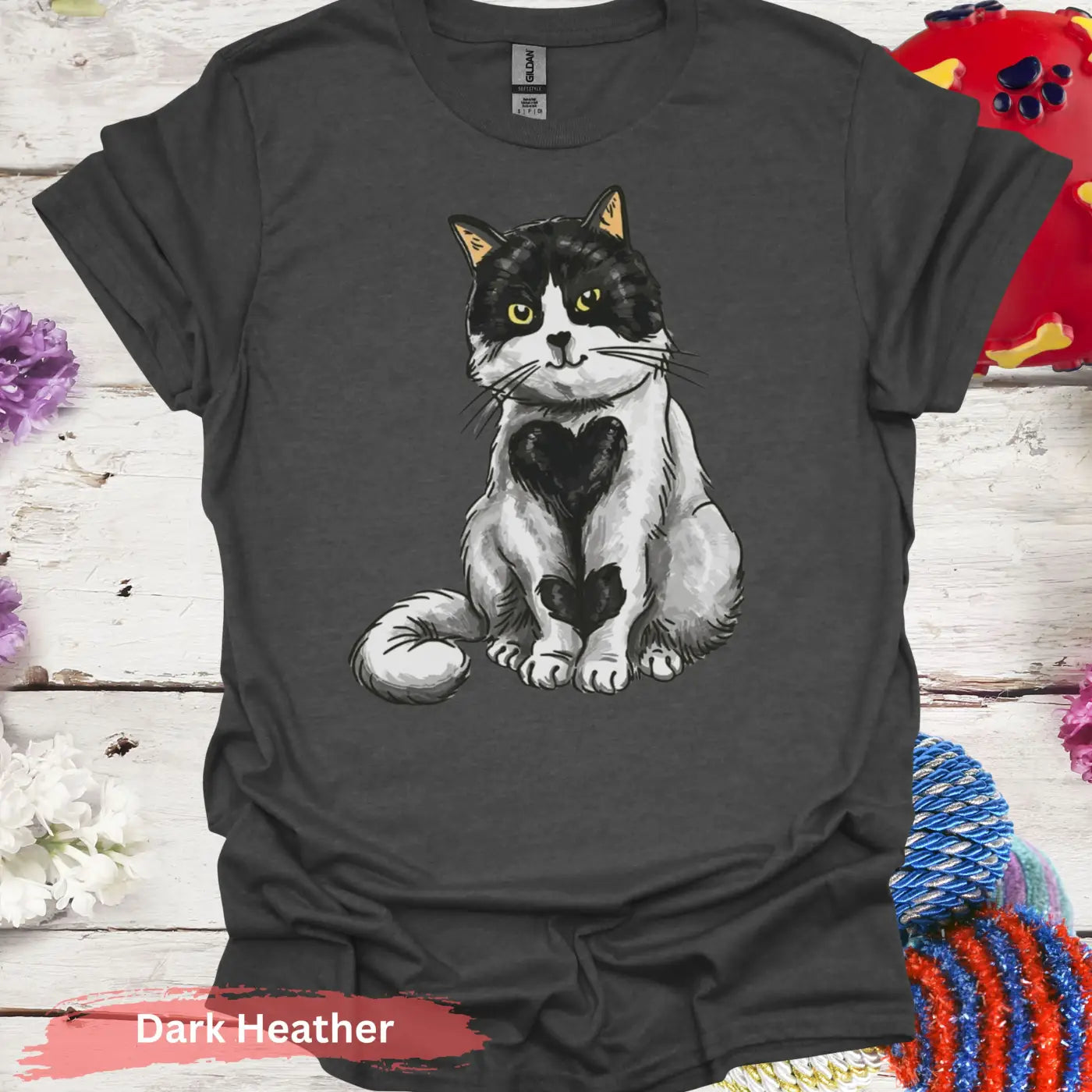 Adorable Black and White Cat Heart T-Shirt - S / Dark Heather - Physical Item