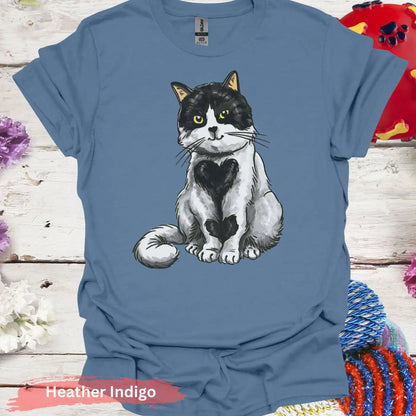 Adorable Black and White Cat Heart T-Shirt - S / Heather Indigo - Physical Item