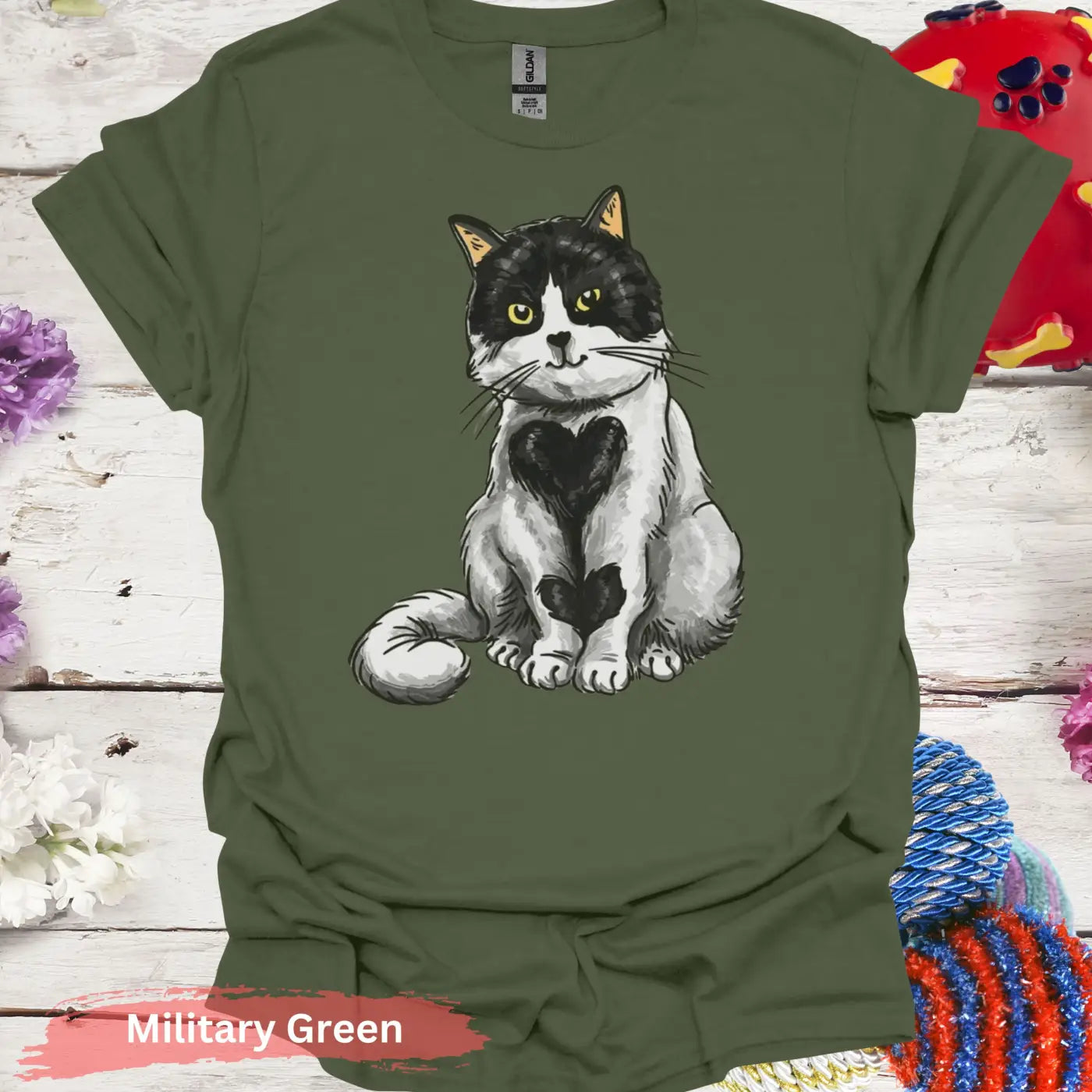 Adorable Black and White Cat Heart T-Shirt - S / Military Green - Physical Item