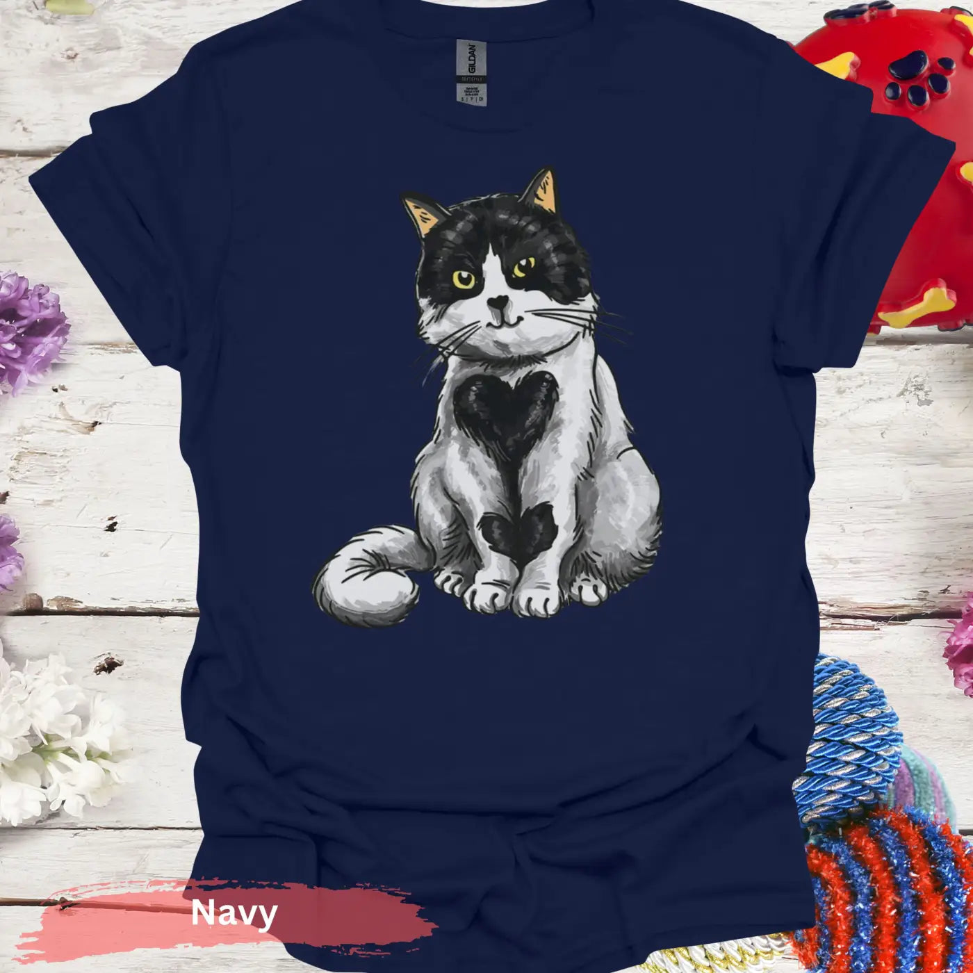 Adorable Black and White Cat Heart T-Shirt - S / Navy - Physical Item