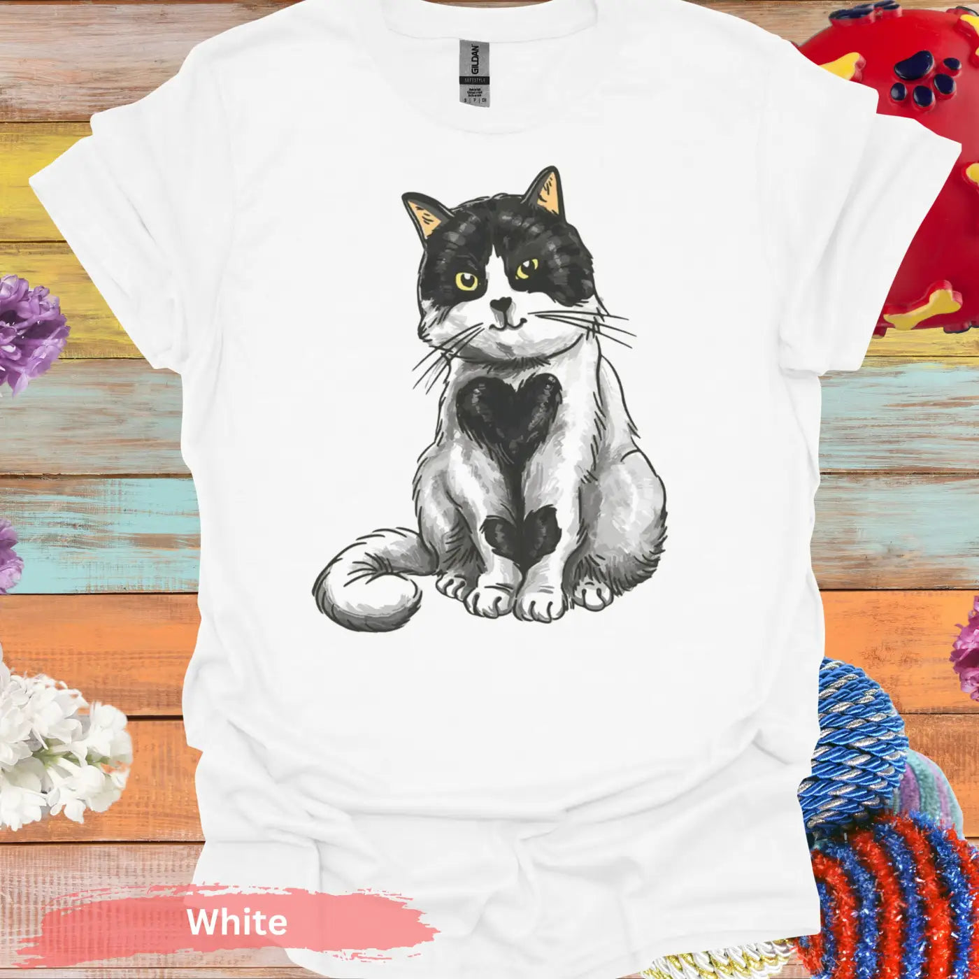 Adorable Black and White Cat Heart T-Shirt - S / Physical Item