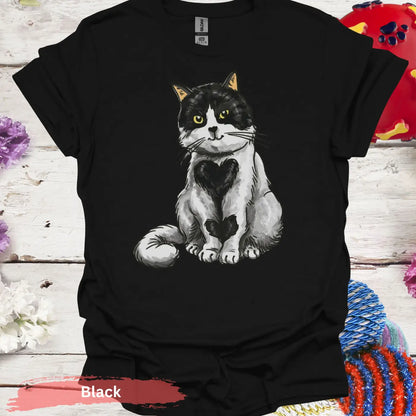 Adorable Black and White Cat Heart T-Shirt - S / Physical Item