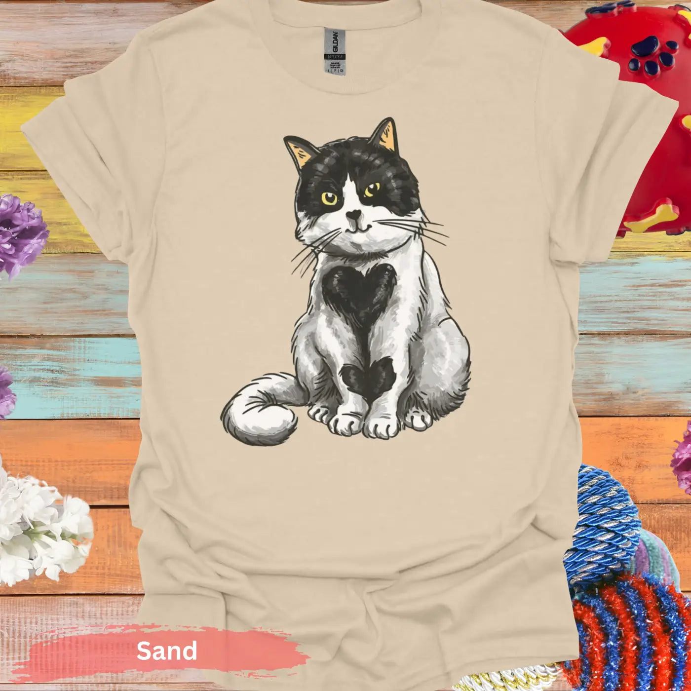 Adorable Black and White Cat Heart T-Shirt - S / Sand - Physical Item