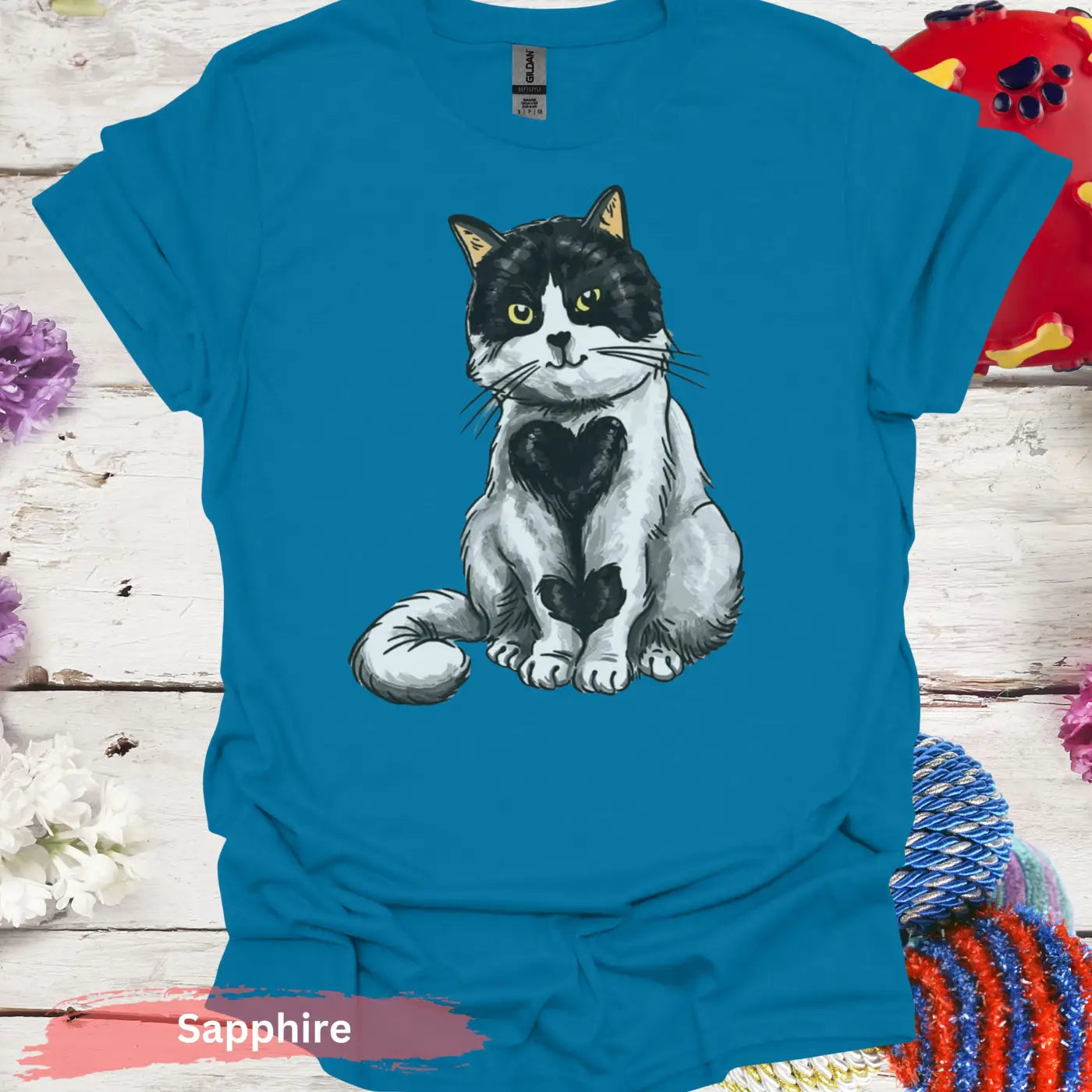 Adorable Black and White Cat Heart T-Shirt - S / Sapphire - Physical Item