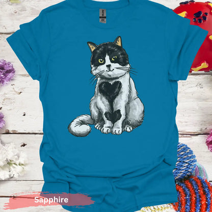 Adorable Black and White Cat Heart T-Shirt - S / Sapphire - Physical Item