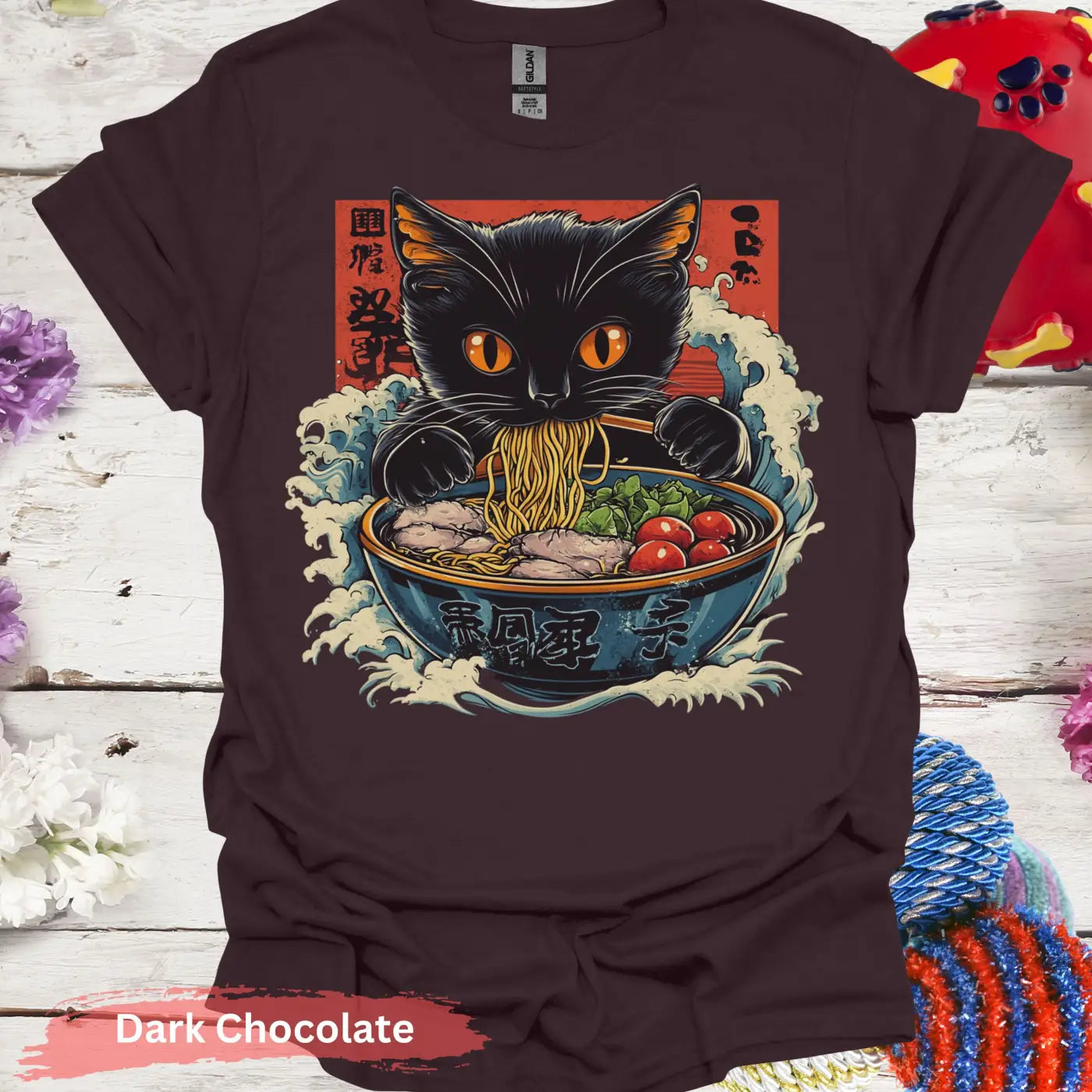 Adorable Ramen Eating Black Cat T-shirt - S / Dark Chocolate - Physical Item