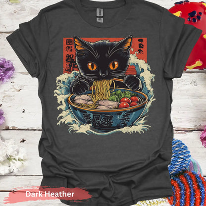 Adorable Ramen Eating Black Cat T-shirt - S / Dark Heather - Physical Item