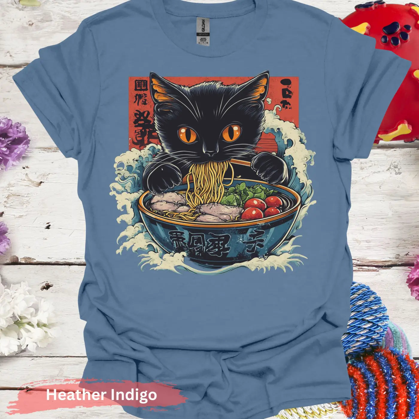 Adorable Ramen Eating Black Cat T-shirt - S / Heather Indigo - Physical Item