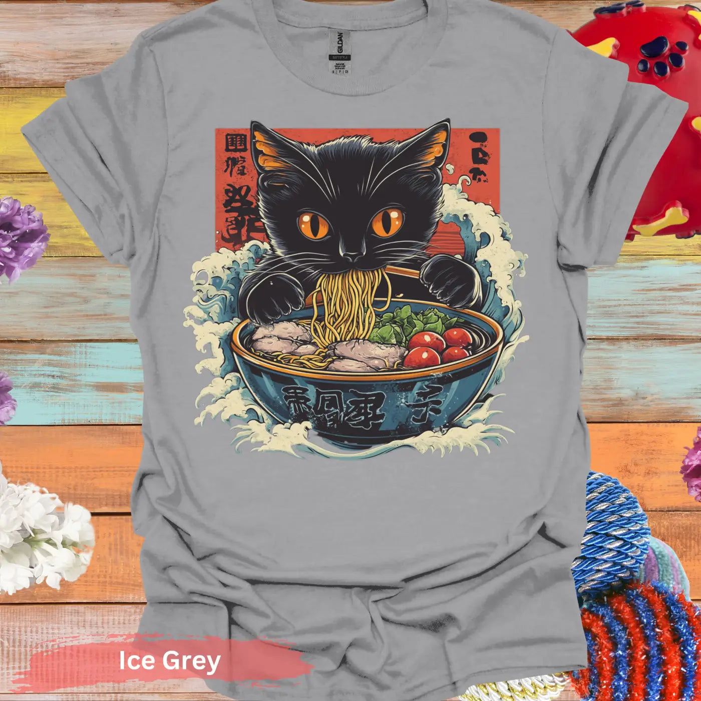 Adorable Ramen Eating Black Cat T-shirt - S / Ice Grey - Physical Item