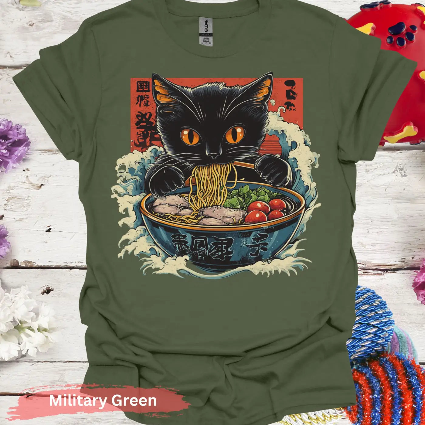 Adorable Ramen Eating Black Cat T-shirt - S / Military Green - Physical Item