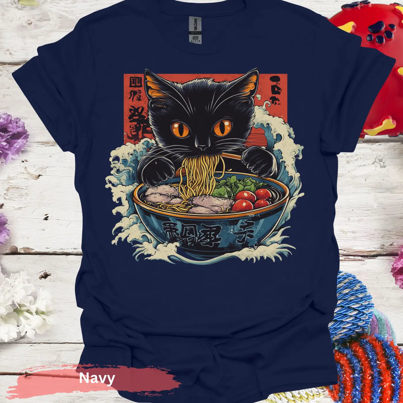 Adorable Ramen Eating Black Cat T-shirt - S / Navy - Physical Item