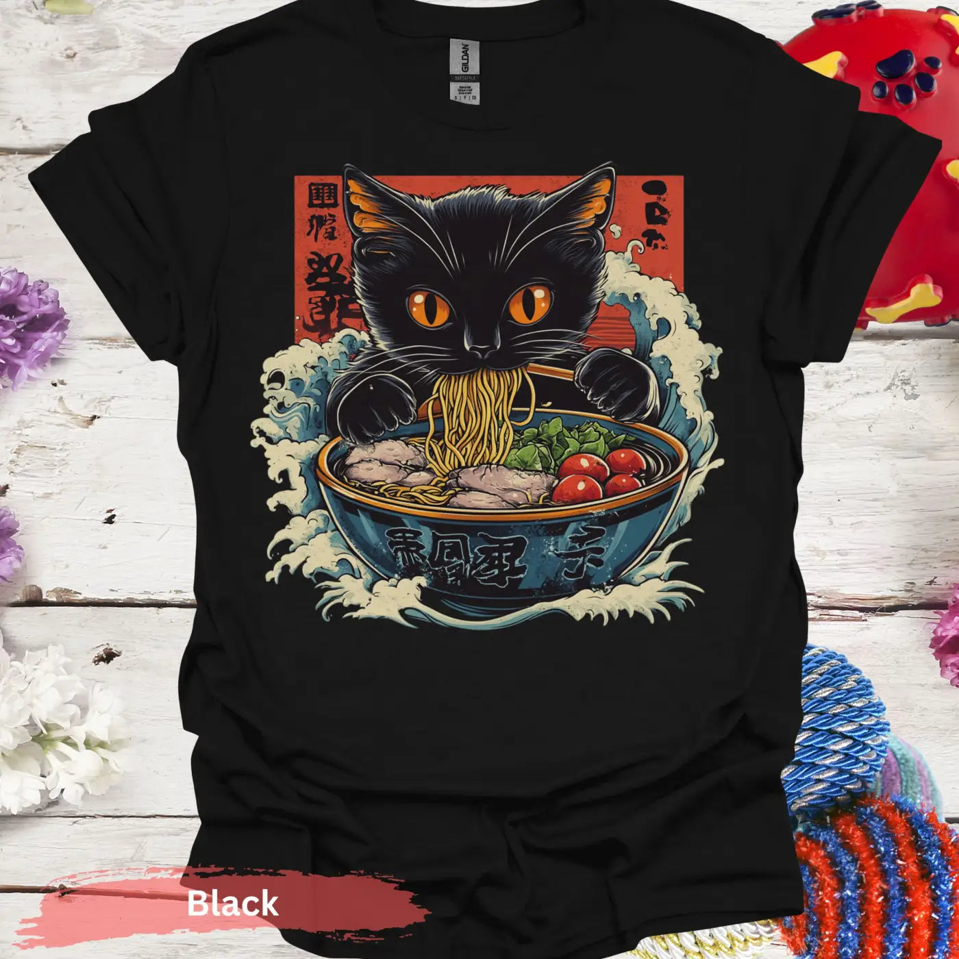 Adorable Ramen Eating Black Cat T-shirt - S / Physical Item