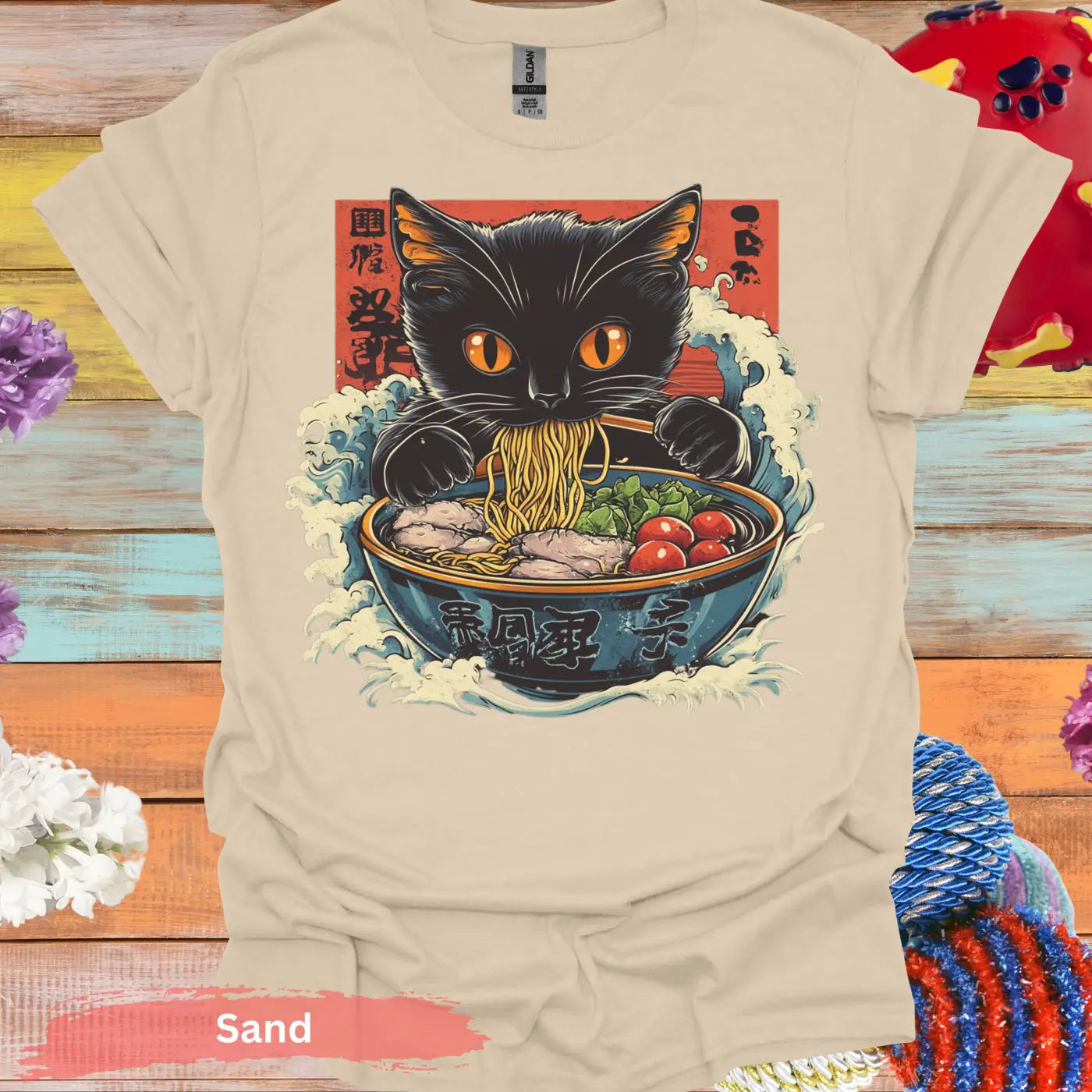 Adorable Ramen Eating Black Cat T-shirt - S / Sand - Physical Item