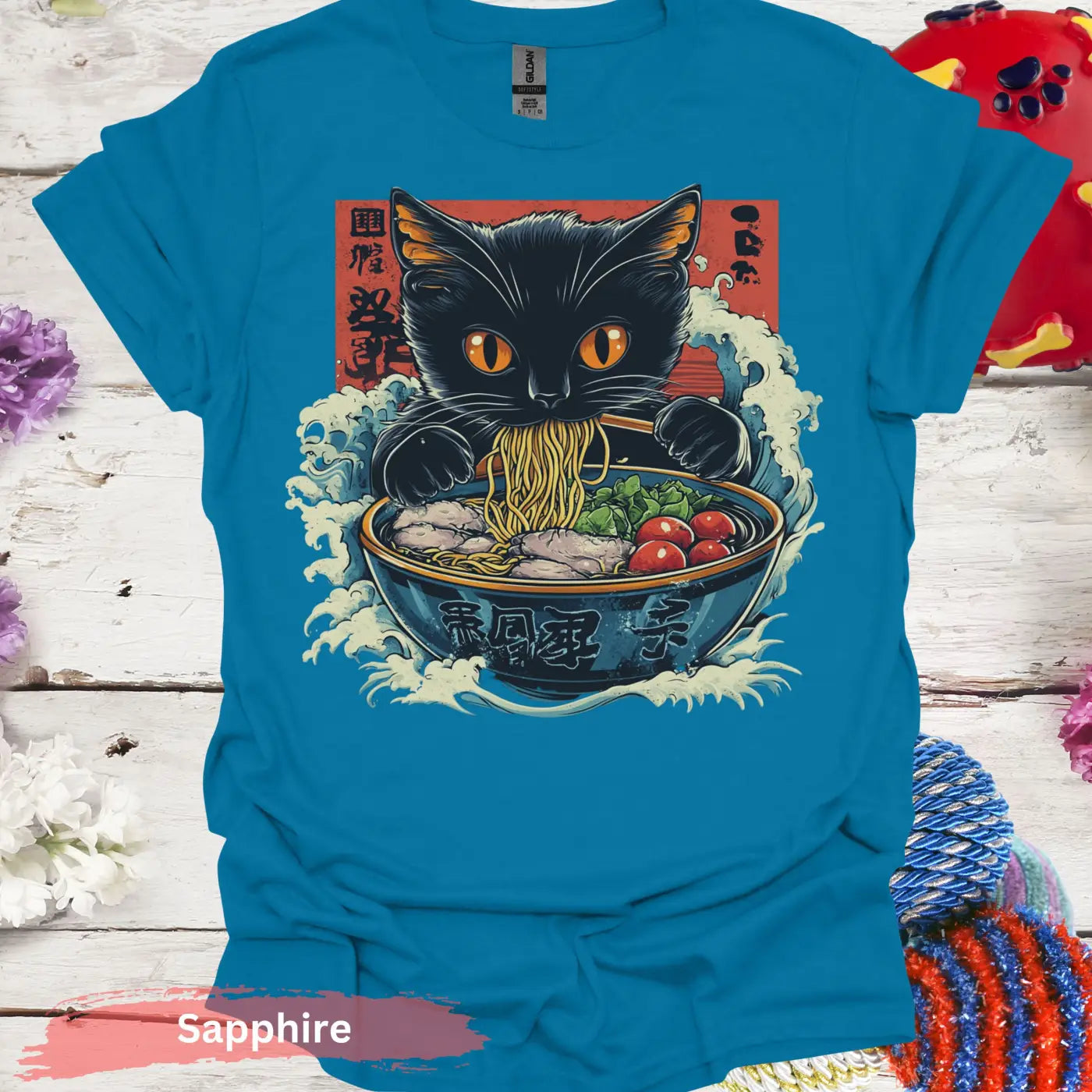 Adorable Ramen Eating Black Cat T-shirt - S / Sapphire - Physical Item