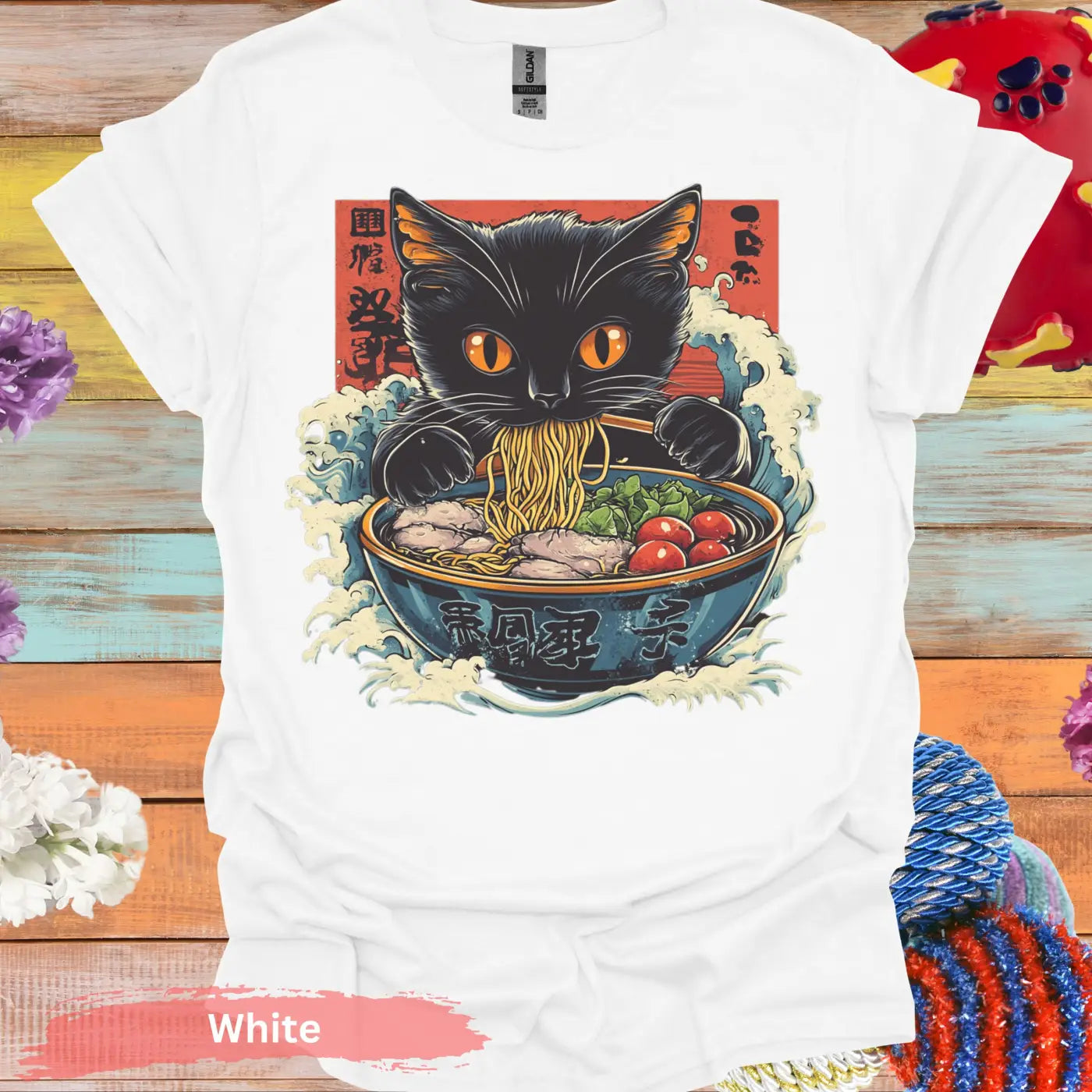 Adorable Ramen Eating Black Cat T-shirt - S / White - Physical Item