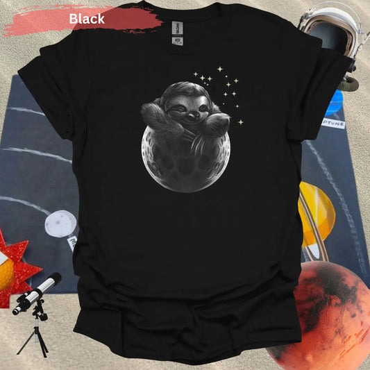 Adorable Sloth in Moon Artistic Motif T-Shirt - S / Black - Physical Item