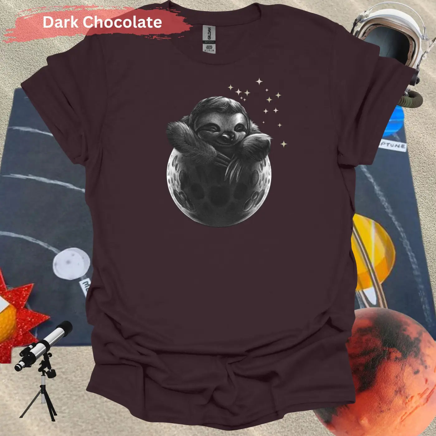 Adorable Sloth in Moon Artistic Motif T-Shirt - S / Dark Chocolate - Physical Item