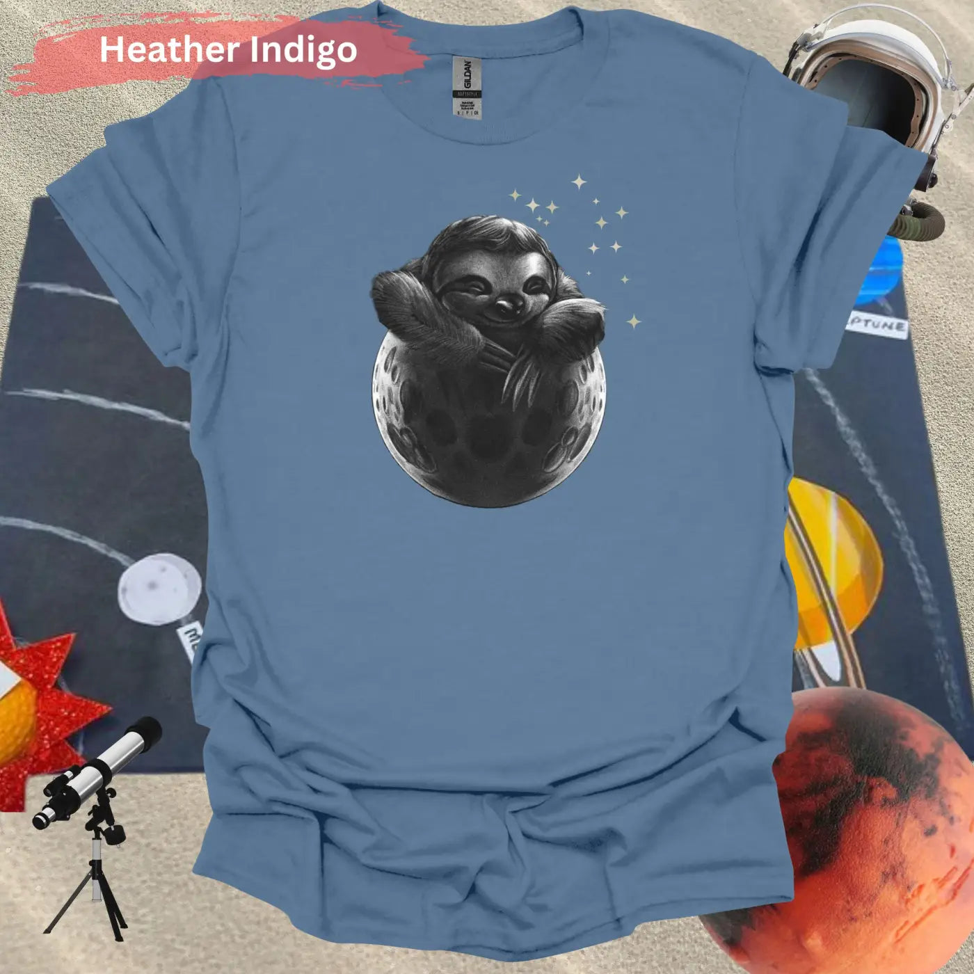 Adorable Sloth in Moon Artistic Motif T-Shirt - S / Heather Indigo - Physical Item