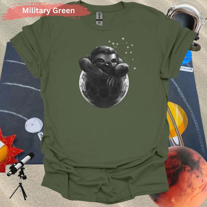 Adorable Sloth in Moon Artistic Motif T-Shirt - S / Military Green - Physical Item