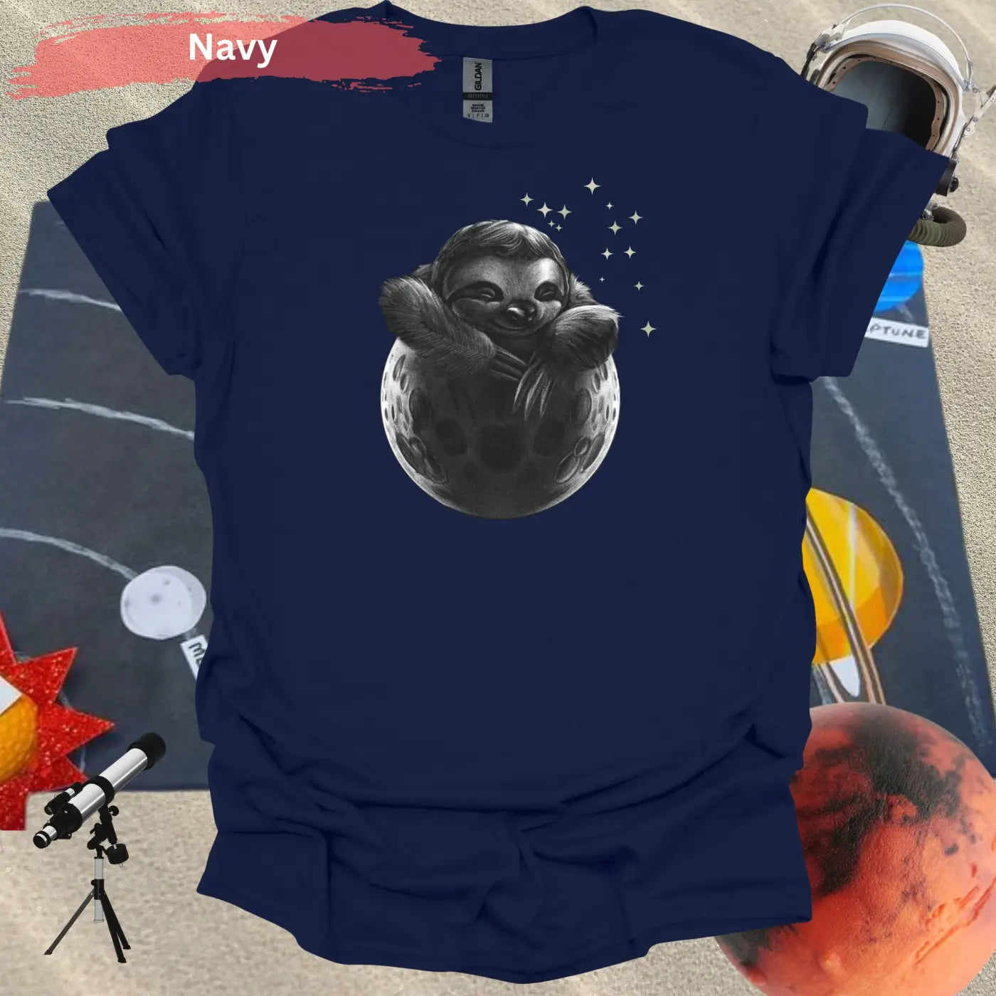 Adorable Sloth in Moon Artistic Motif T-Shirt - S / Navy - Physical Item