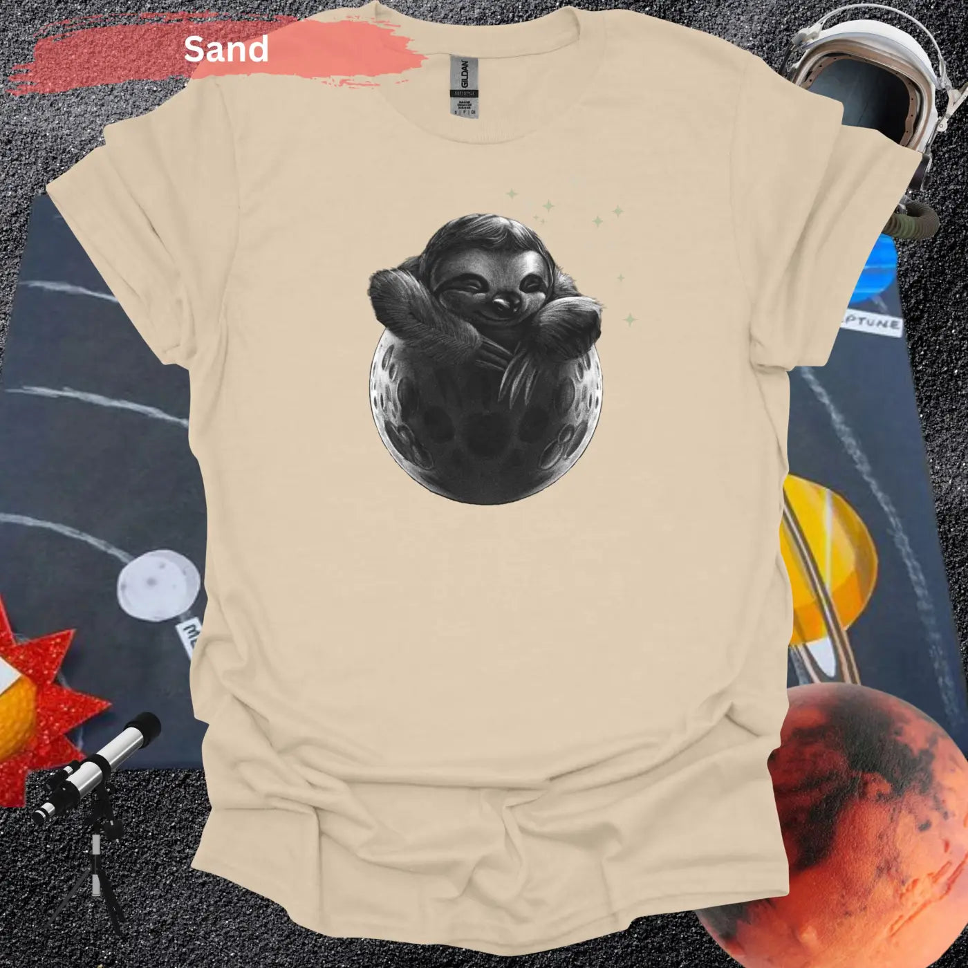 Adorable Sloth in Moon Artistic Motif T-Shirt - S / Sand - Physical Item