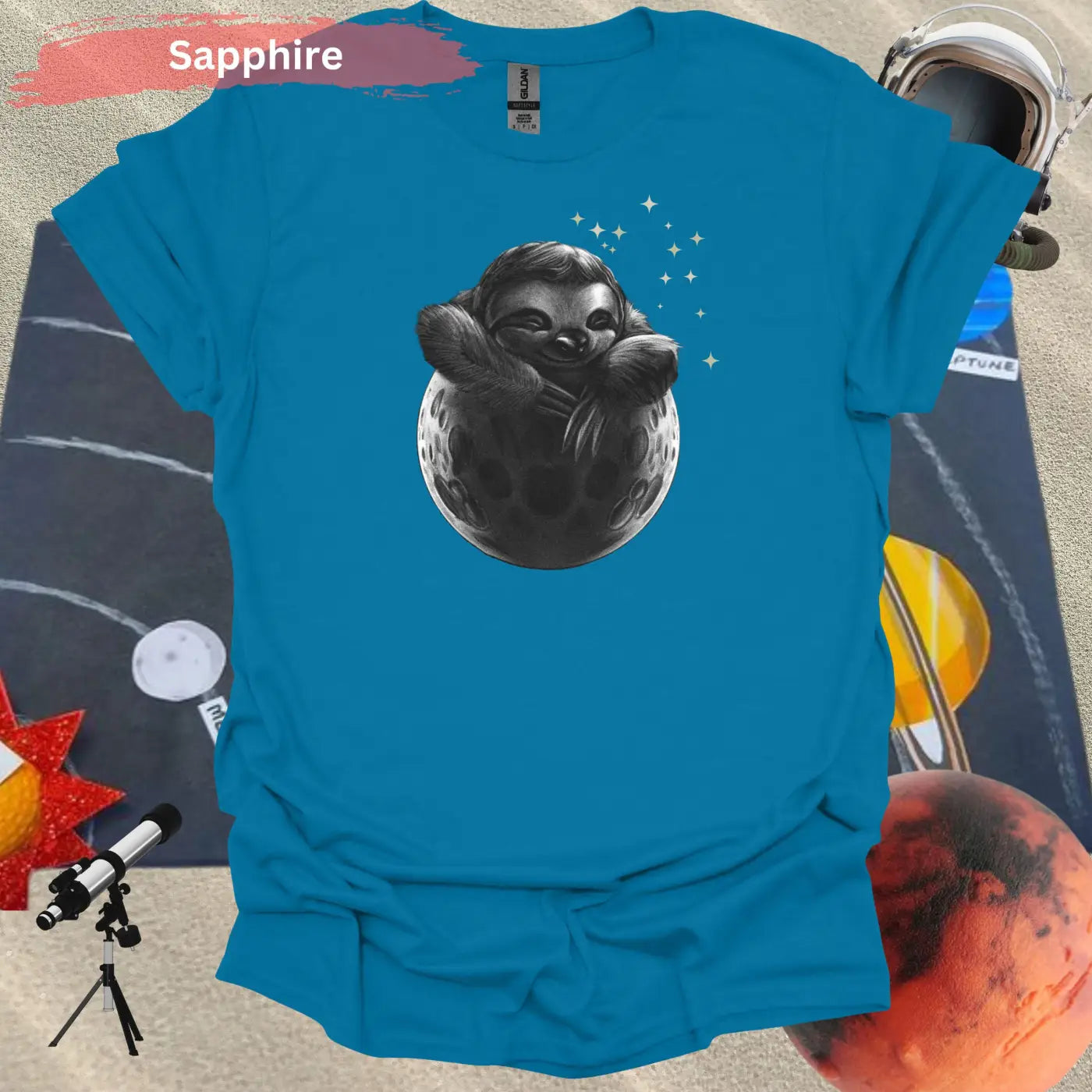 Adorable Sloth in Moon Artistic Motif T-Shirt - S / Sapphire - Physical Item