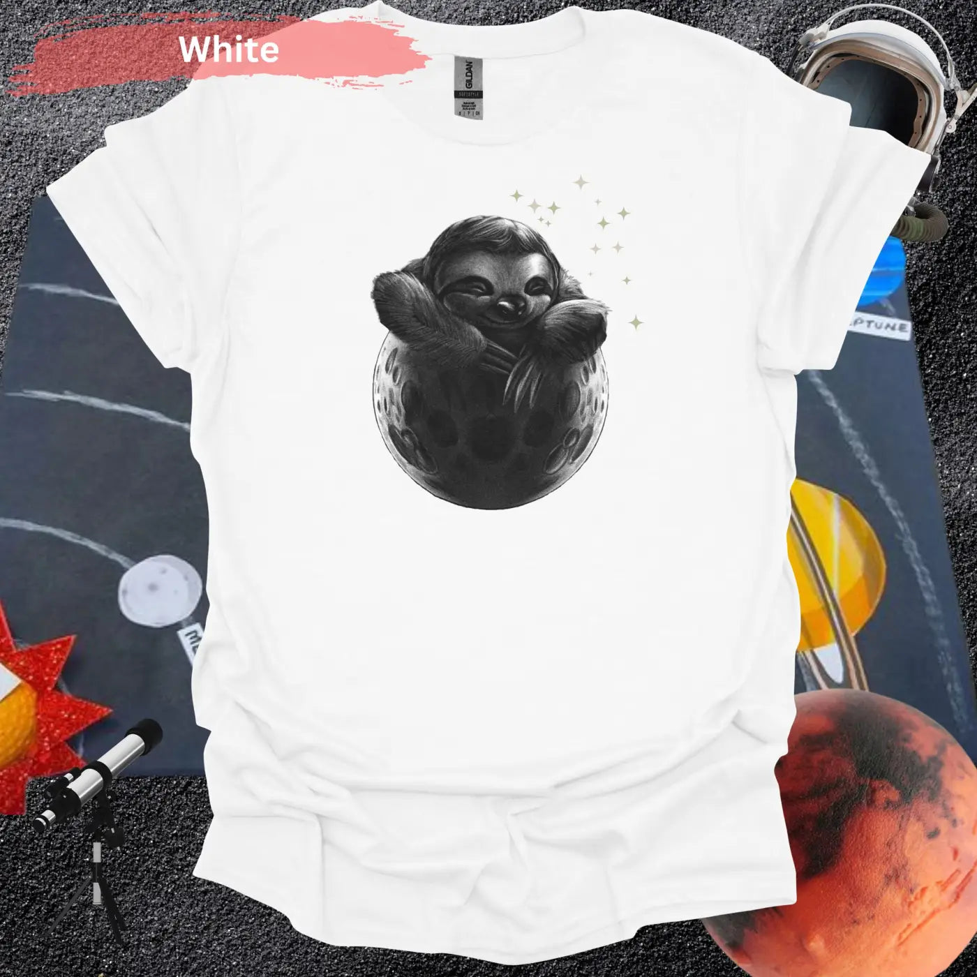 Adorable Sloth in Moon Artistic Motif T-Shirt - S / White - Physical Item