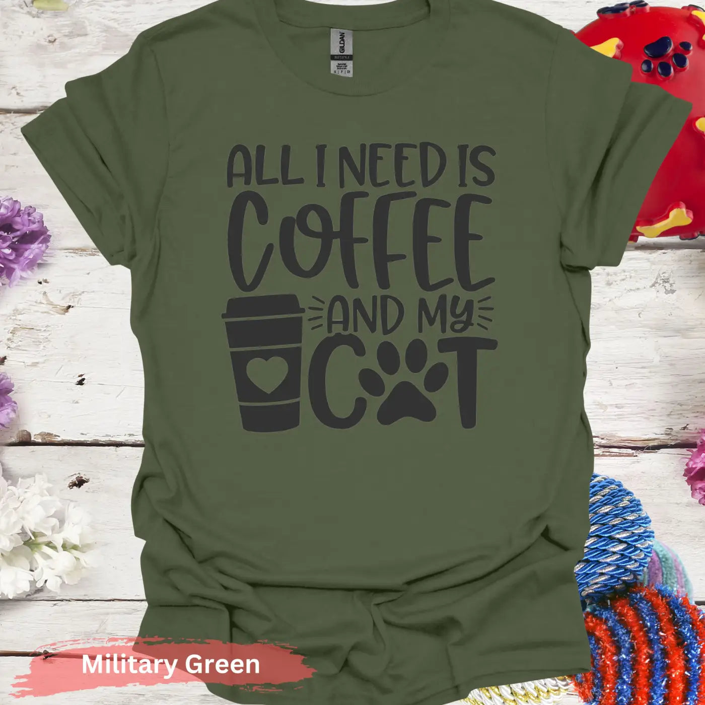 All I Need Is Coffee And My Cat Graphic T-Shirt - S / Military Green - Physical Item