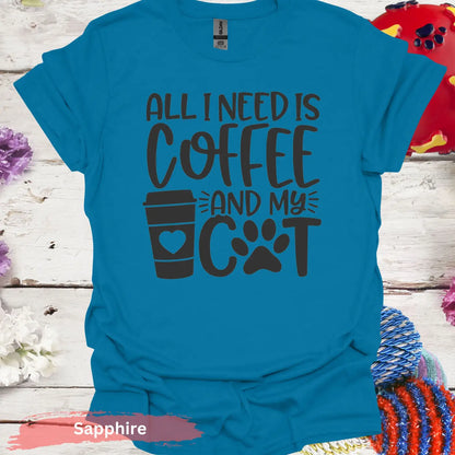 All I Need Is Coffee And My Cat Graphic T-Shirt - S / Sapphire - Physical Item