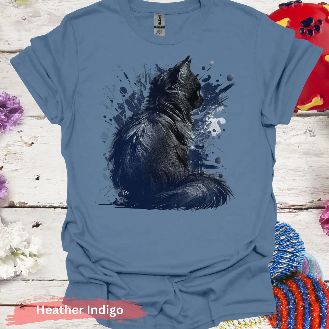 Artistic Black Cat with Splatter Design T-Shirt - S / Heather Indigo - Physical Item