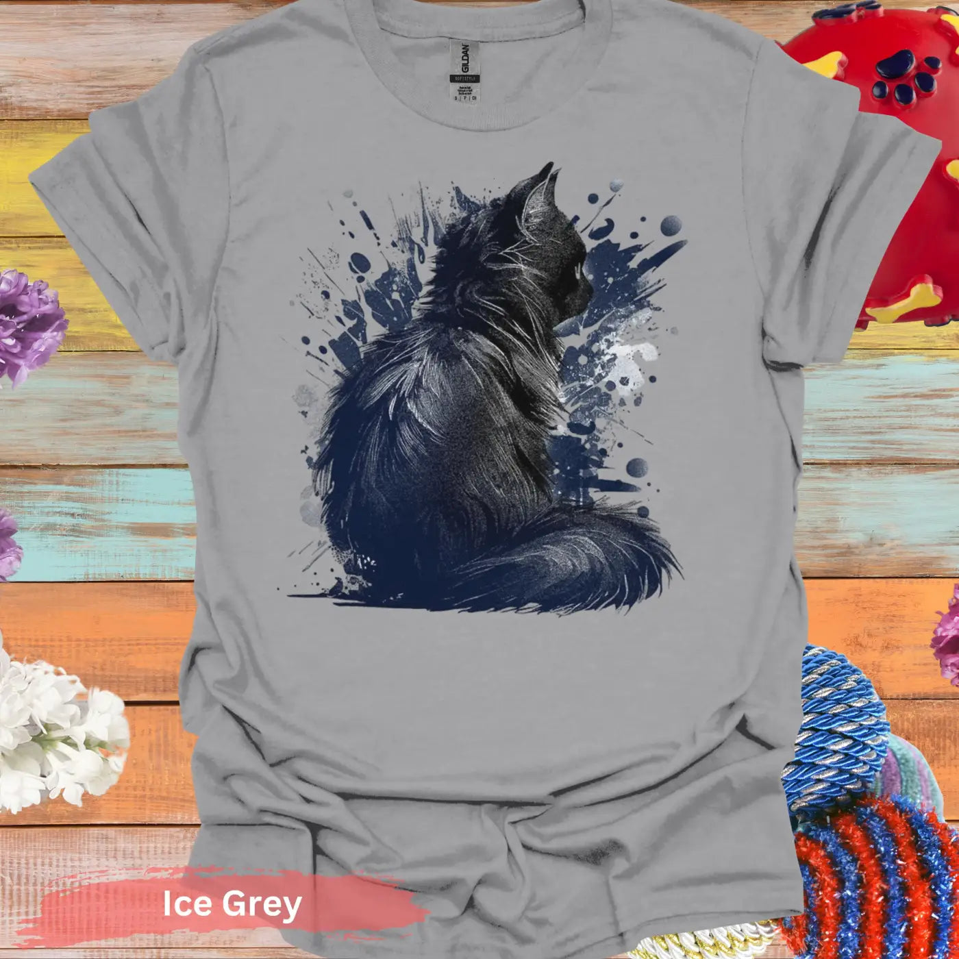 Artistic Black Cat with Splatter Design T-Shirt - S / Ice Grey - Physical Item