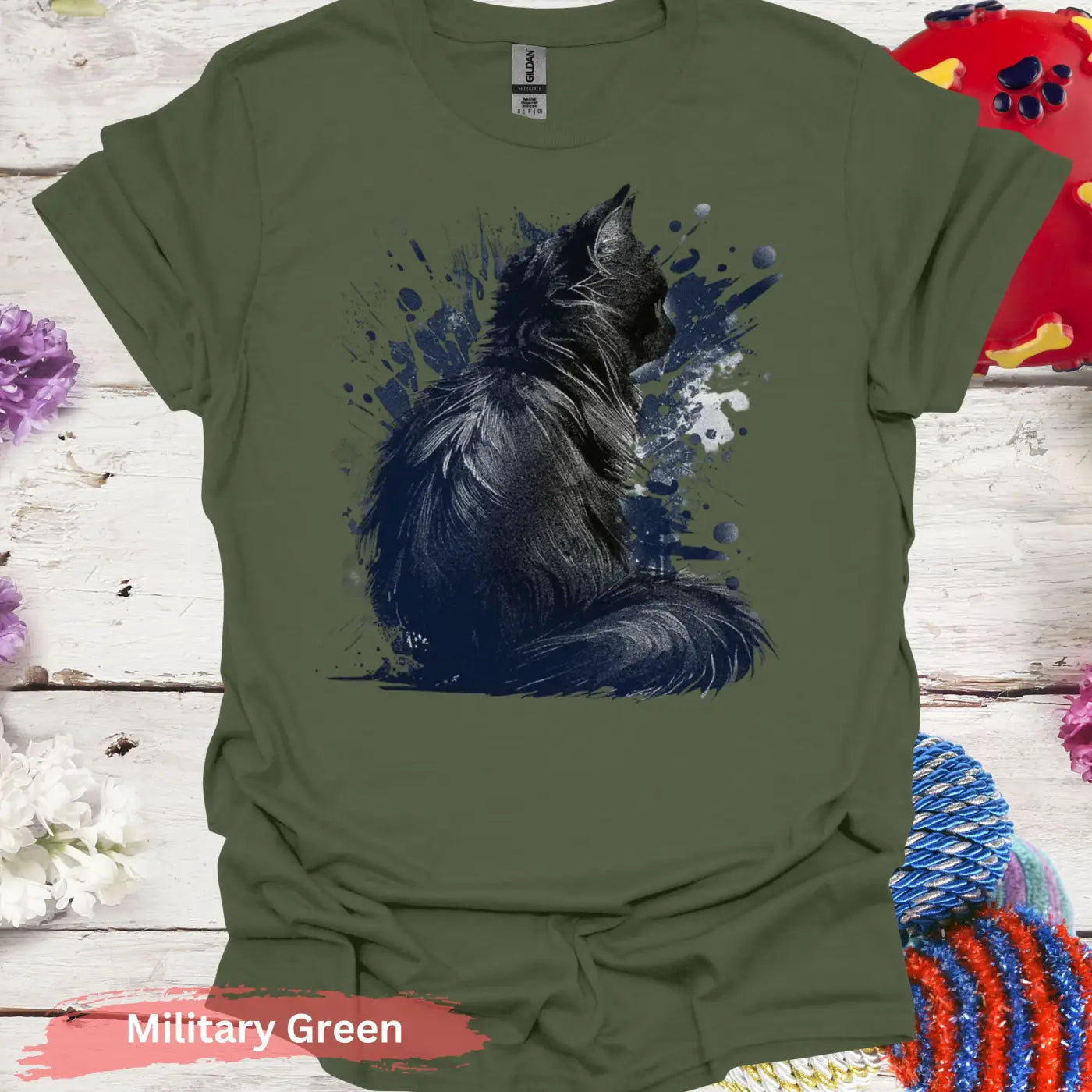 Artistic Black Cat with Splatter Design T-Shirt - S / Military Green - Physical Item