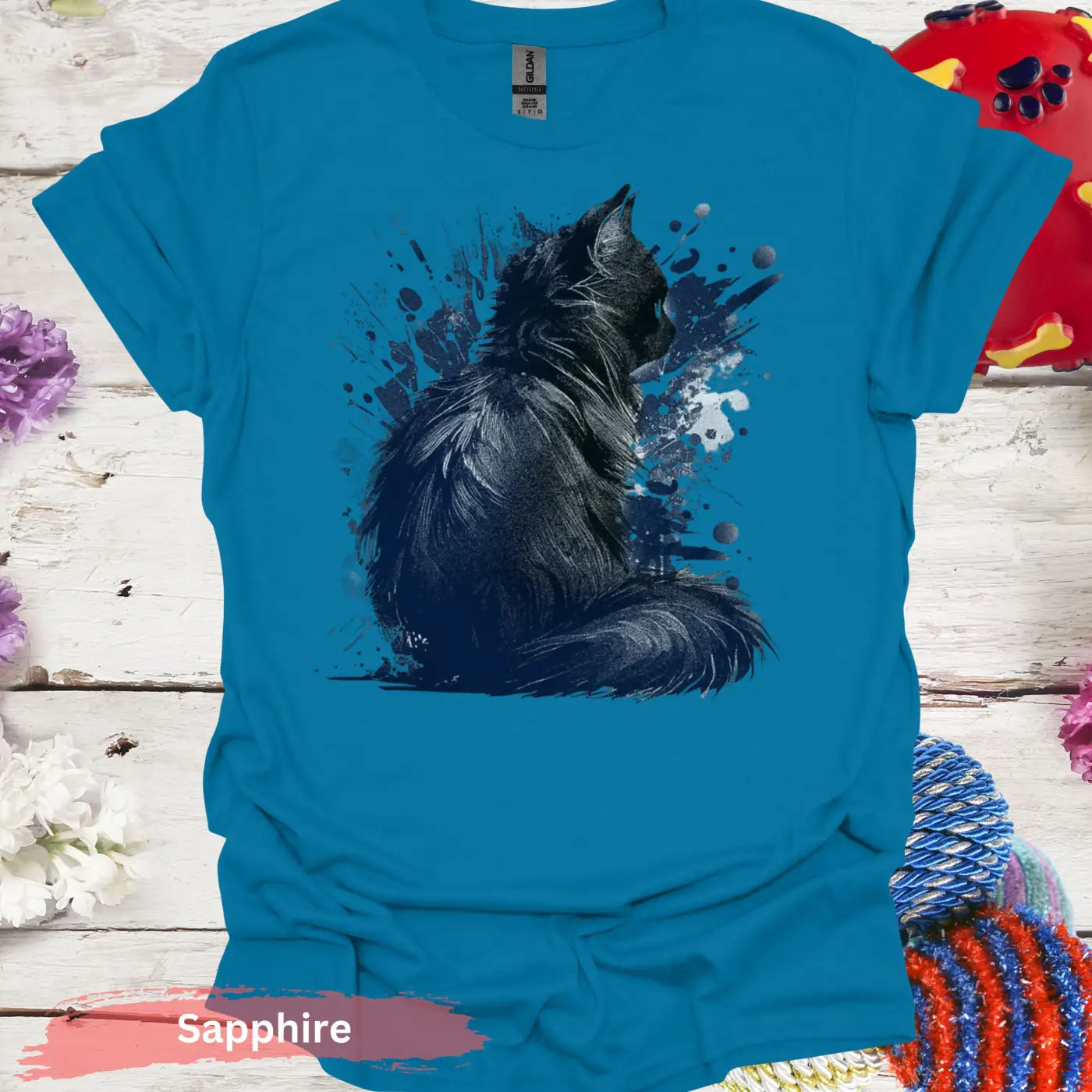 Artistic Black Cat with Splatter Design T-Shirt - S / Sapphire - Physical Item