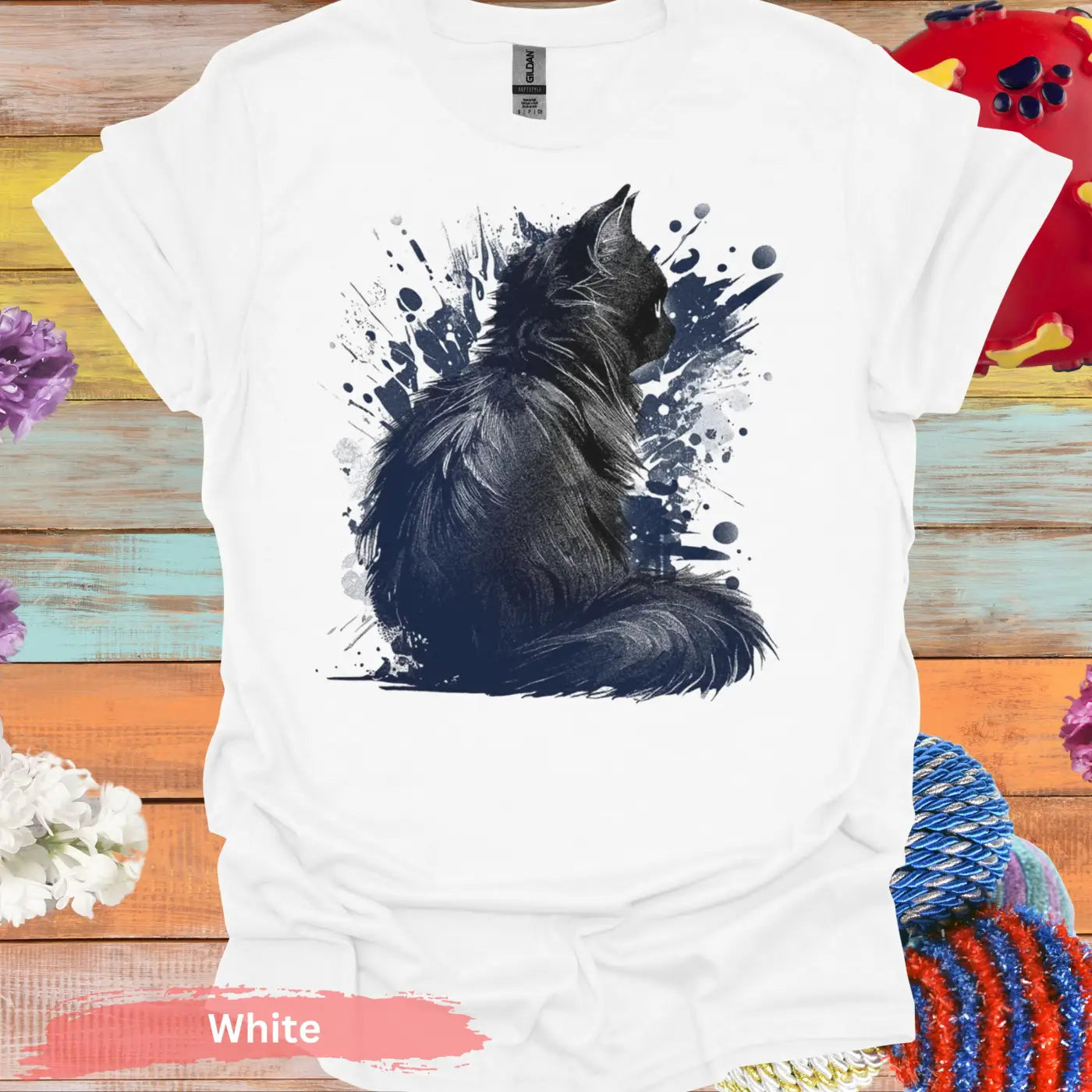 Artistic Black Cat with Splatter Design T-Shirt - S / White - Physical Item