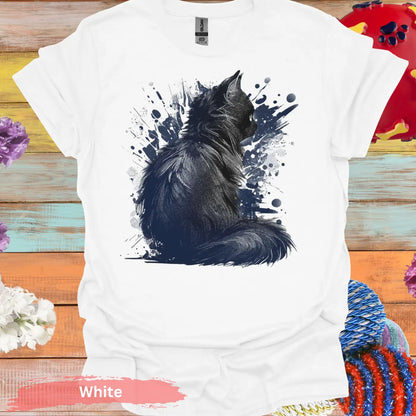 Artistic Black Cat with Splatter Design T-Shirt - S / White - Physical Item