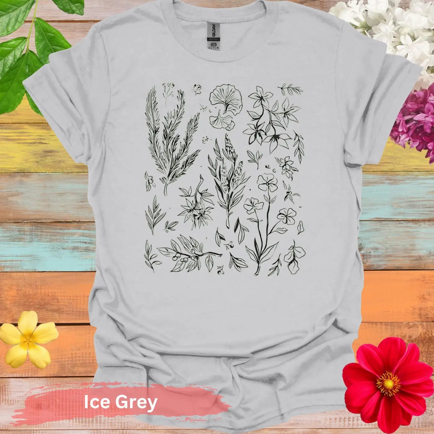 Artistic Botanical Sketch Floral Graphic T-Shirt - S / Ice Grey - Physical Item