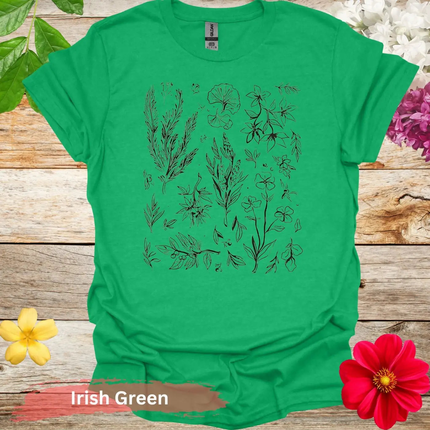 Artistic Botanical Sketch Floral Graphic T-Shirt - S / Irish Green - Physical Item