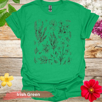 Artistic Botanical Sketch Floral Graphic T-Shirt - S / Irish Green - Physical Item