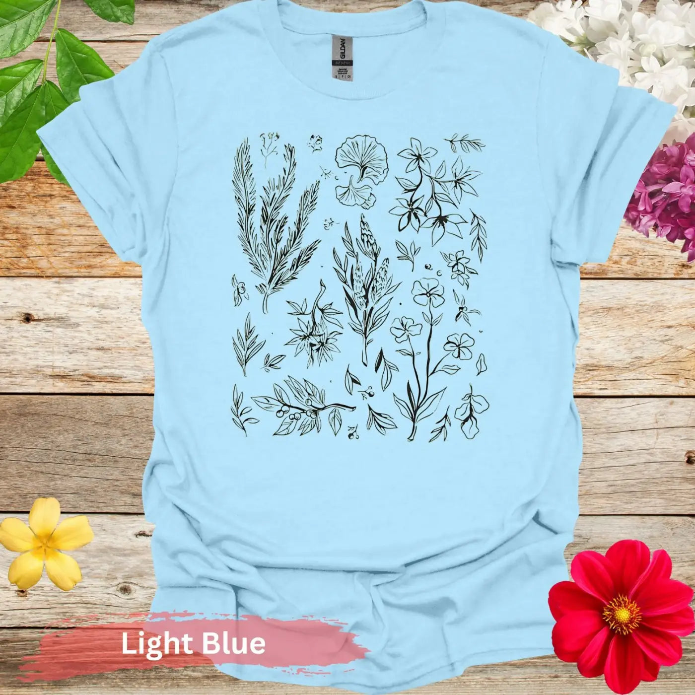 Artistic Botanical Sketch Floral Graphic T-Shirt - S / Light Blue - Physical Item