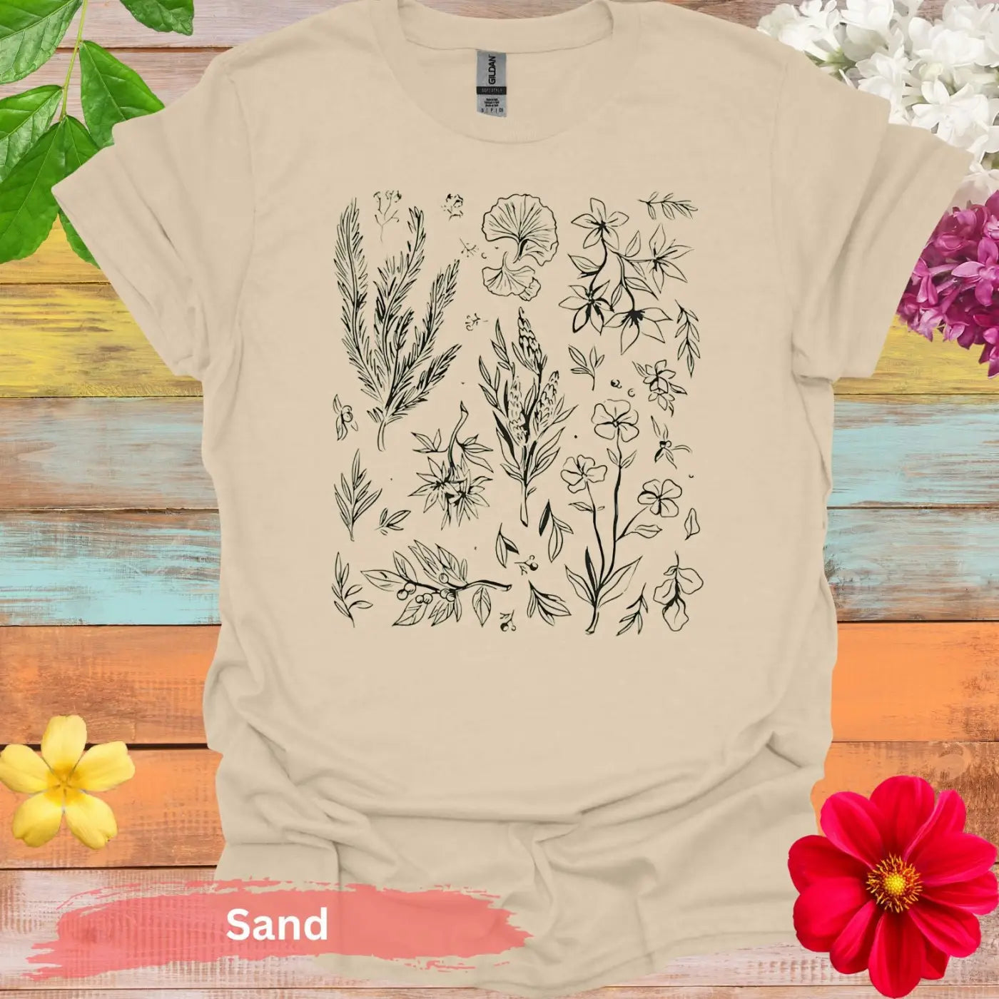 Artistic Botanical Sketch Floral Graphic T-Shirt - S / Sand - Physical Item