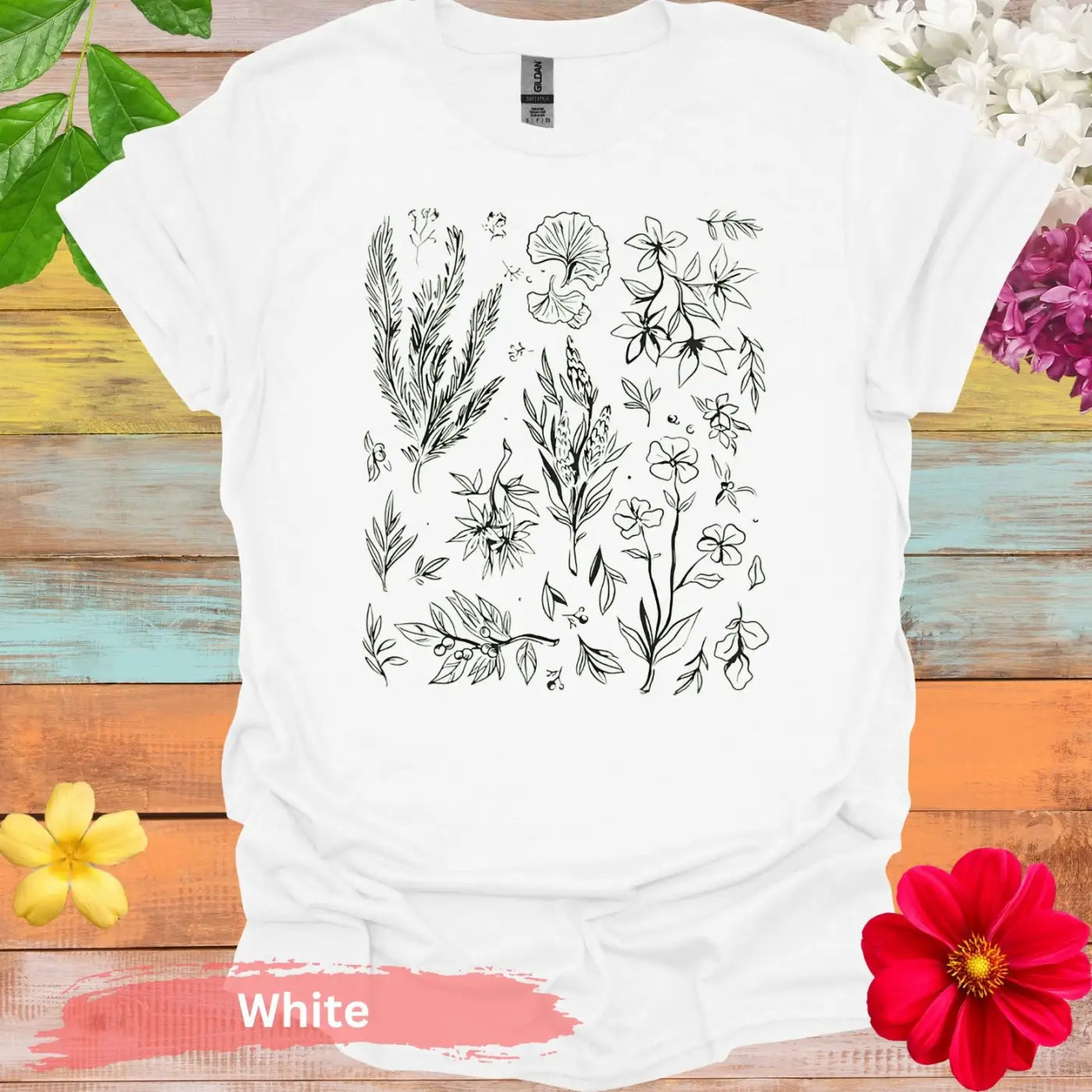 Artistic Botanical Sketch Floral Graphic T-Shirt - S / White - Physical Item