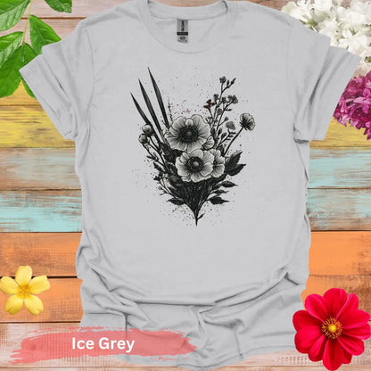 Artistic Floral Design Sketch Graphic T-Shirt - S / Ice Grey - Physical Item