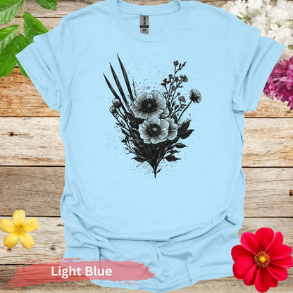 Artistic Floral Design Sketch Graphic T-Shirt - S / Light Blue - Physical Item