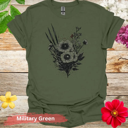 Artistic Floral Design Sketch Graphic T-Shirt - S / Military Green - Physical Item