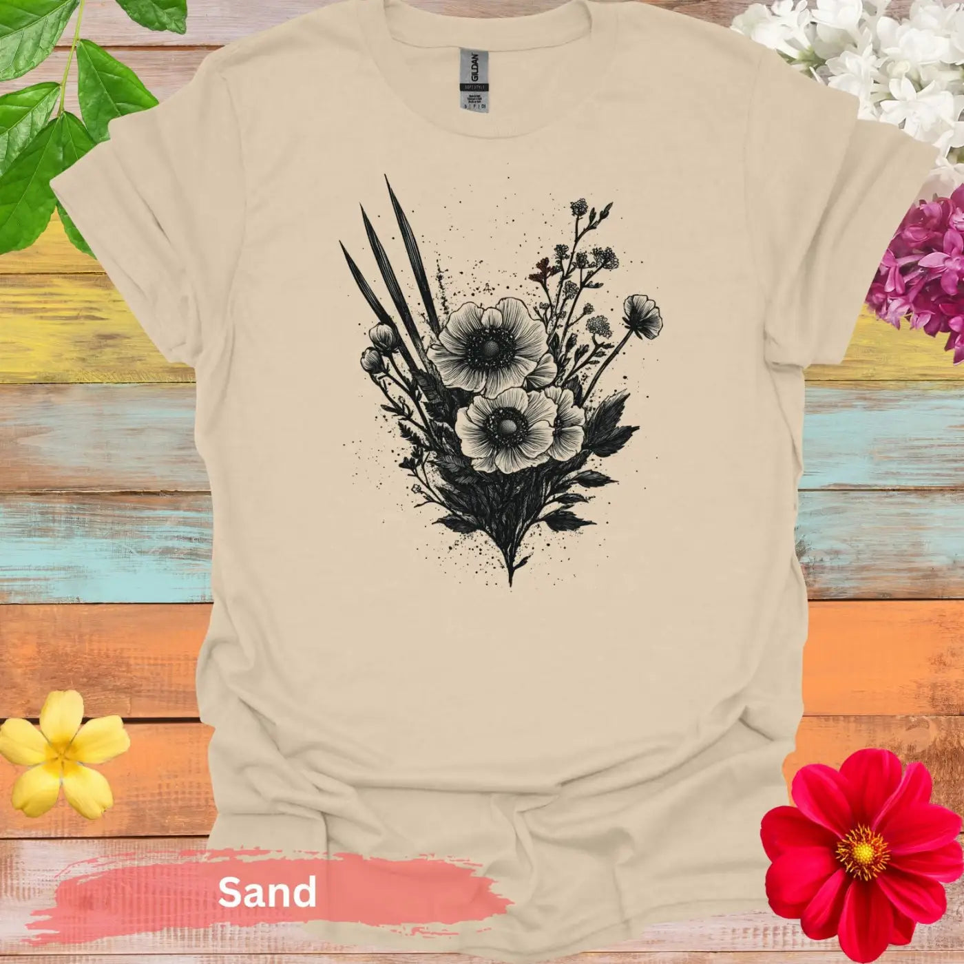 Artistic Floral Design Sketch Graphic T-Shirt - S / Sand - Physical Item