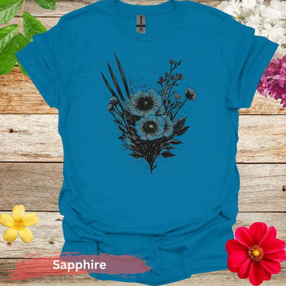 Artistic Floral Design Sketch Graphic T-Shirt - S / Sapphire - Physical Item