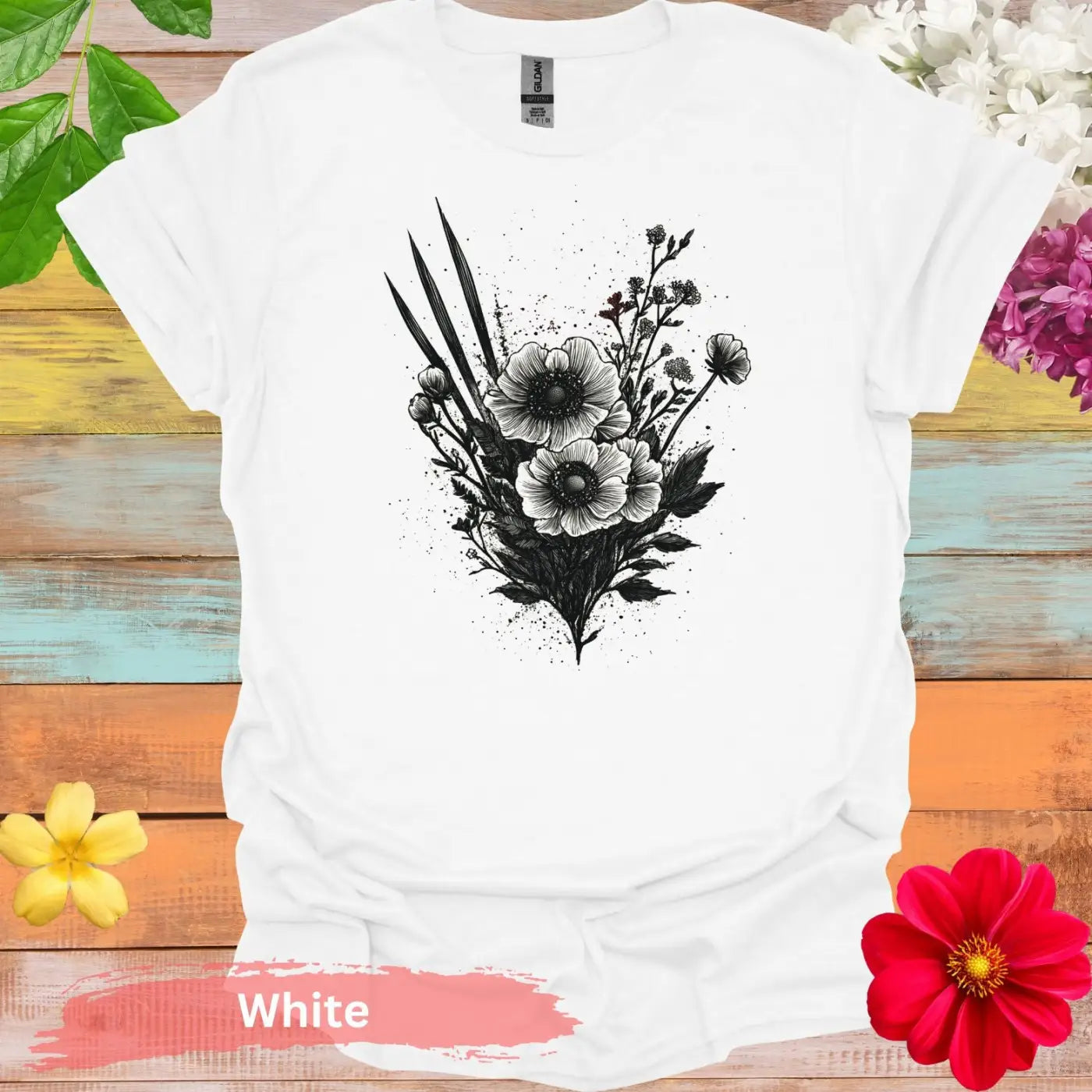 Artistic Floral Design Sketch Graphic T-Shirt - S / White - Physical Item