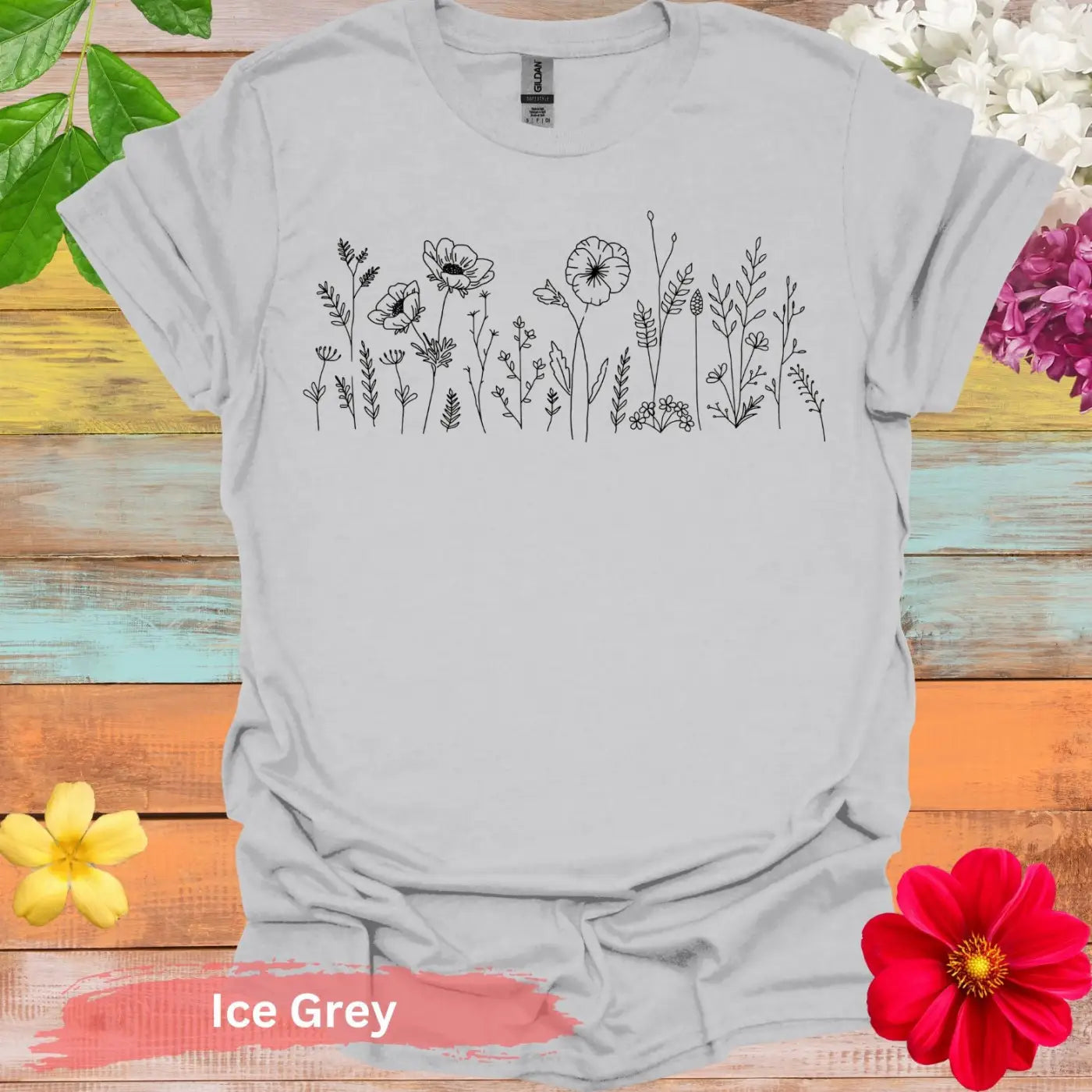 Artistic Floral Line Drawing Design T-Shirts - S / Ice Grey - Physical Item