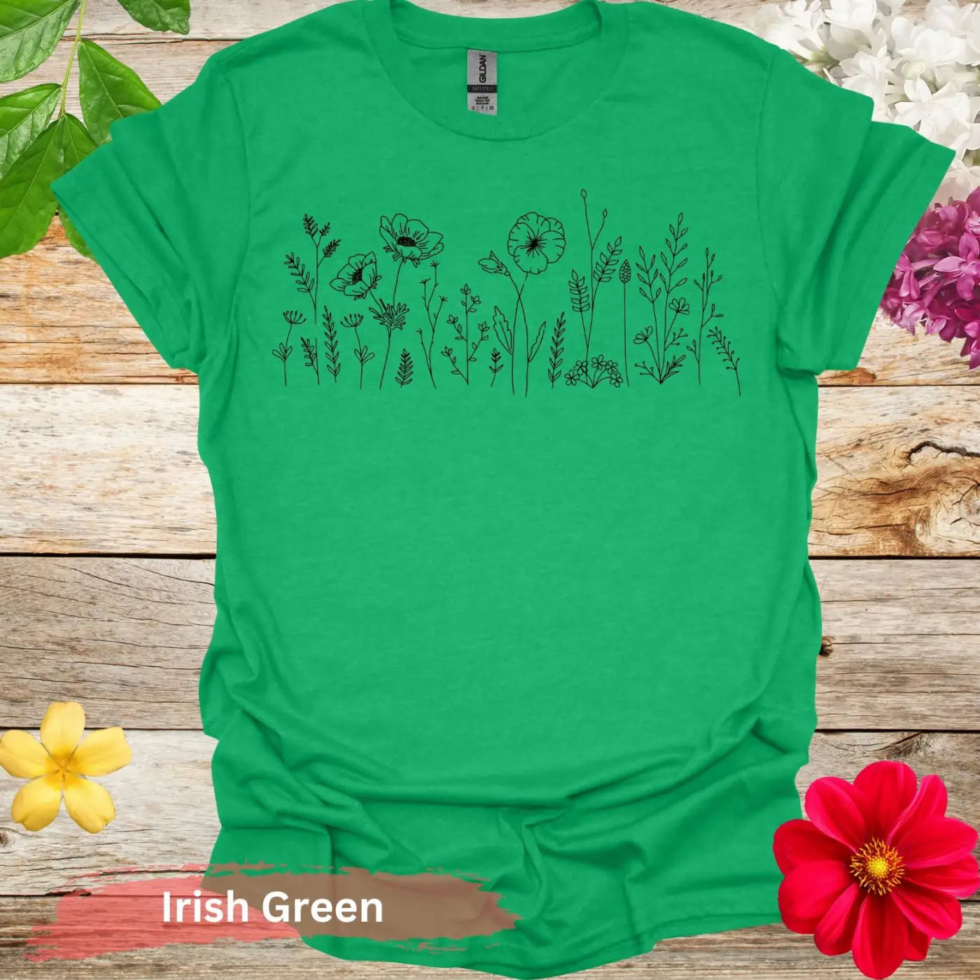 Artistic Floral Line Drawing Design T-Shirts - S / Irish Green - Physical Item